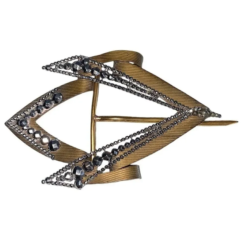 ART DECO Hematite Belt Buckle Brass Tone 1940s Vintage‎ Flapper Diamond Shape